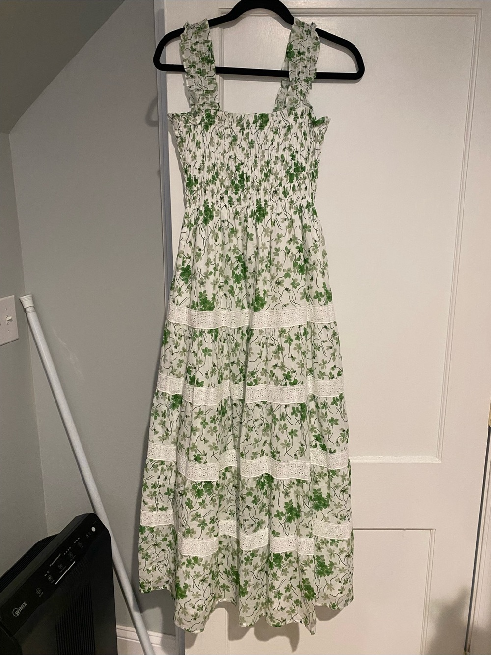 Hill House Smocked Green Floral Midi Nap Dress with Lace Trim Size medium NWOT